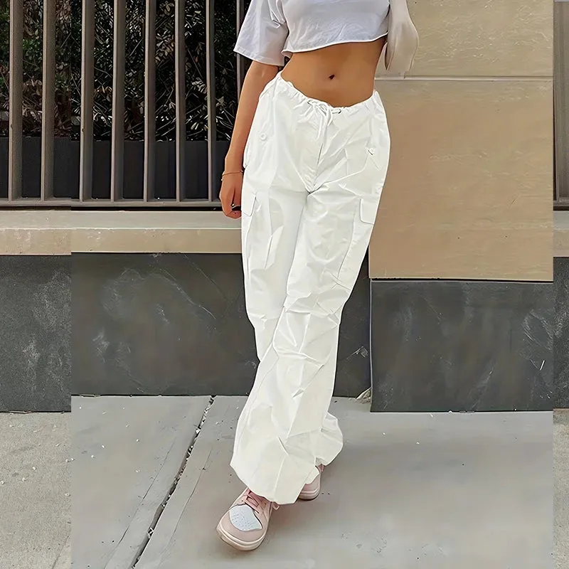 Bonnyshow Black Cargo Pants Women Clothes Streetwear Bandage Fashion Pockets Summer Sweatpants Loose Pants Aesthetic Casual Baggy Trousers