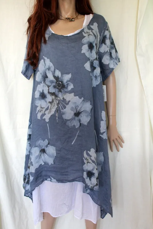 Womens Italian Linen Floral Over-Tunic with Long White Linen Slip Dress